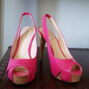 GUESS Hot Pink Patent Leather Open Toe Pumps